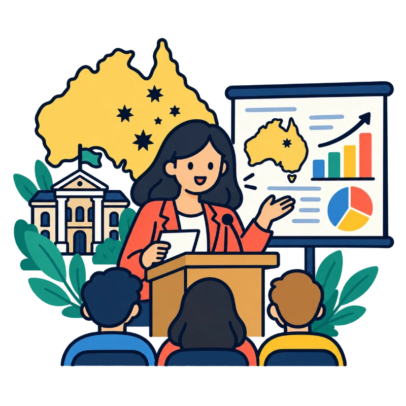 Mujer realizando una presentación profesional en inglés